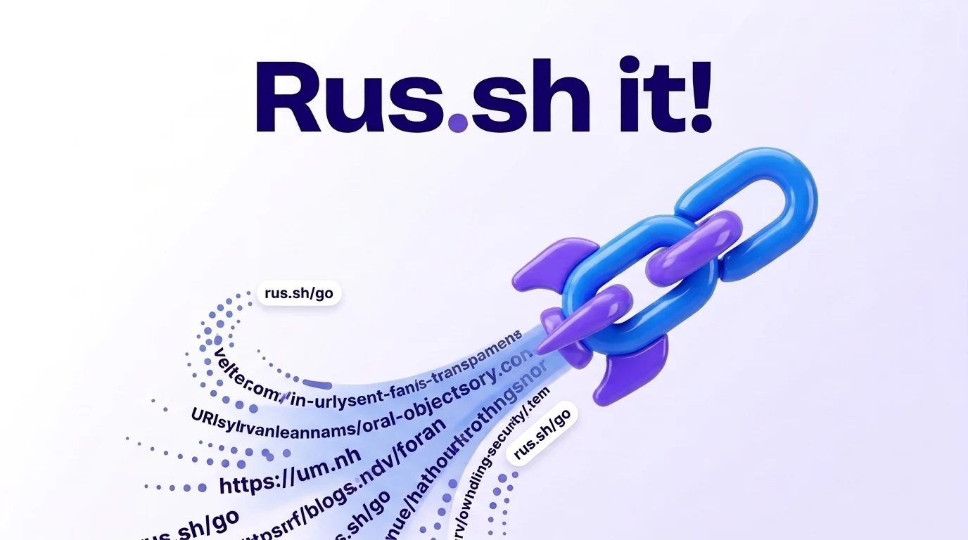 「Rus.sh it」という見出しの下のイラスト。ロケットの形をした青と紫の光沢のあるチェーンリンクが上へ飛び立ち、長いウェブアドレスの軌跡が短い rus.sh/go リンクに変わっていきます。