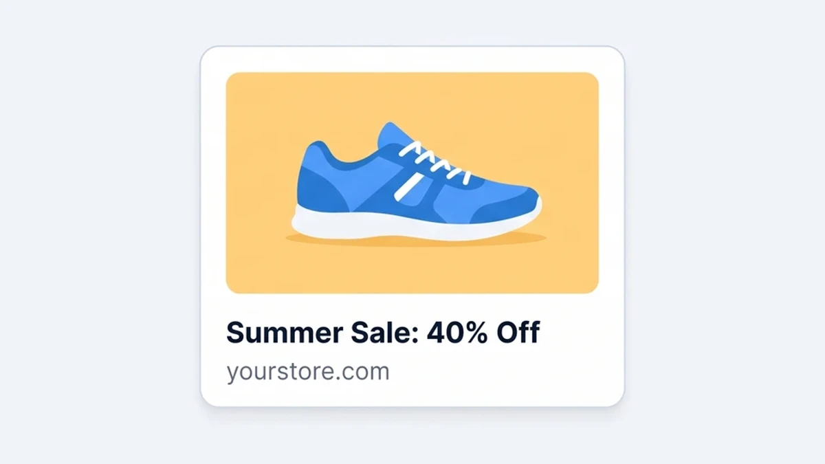 青いランニングシューズの画像、「Summer Sale: 40% Off」というタイトル、yourstore.comというドメインが表示されたリンクプレビューカード。