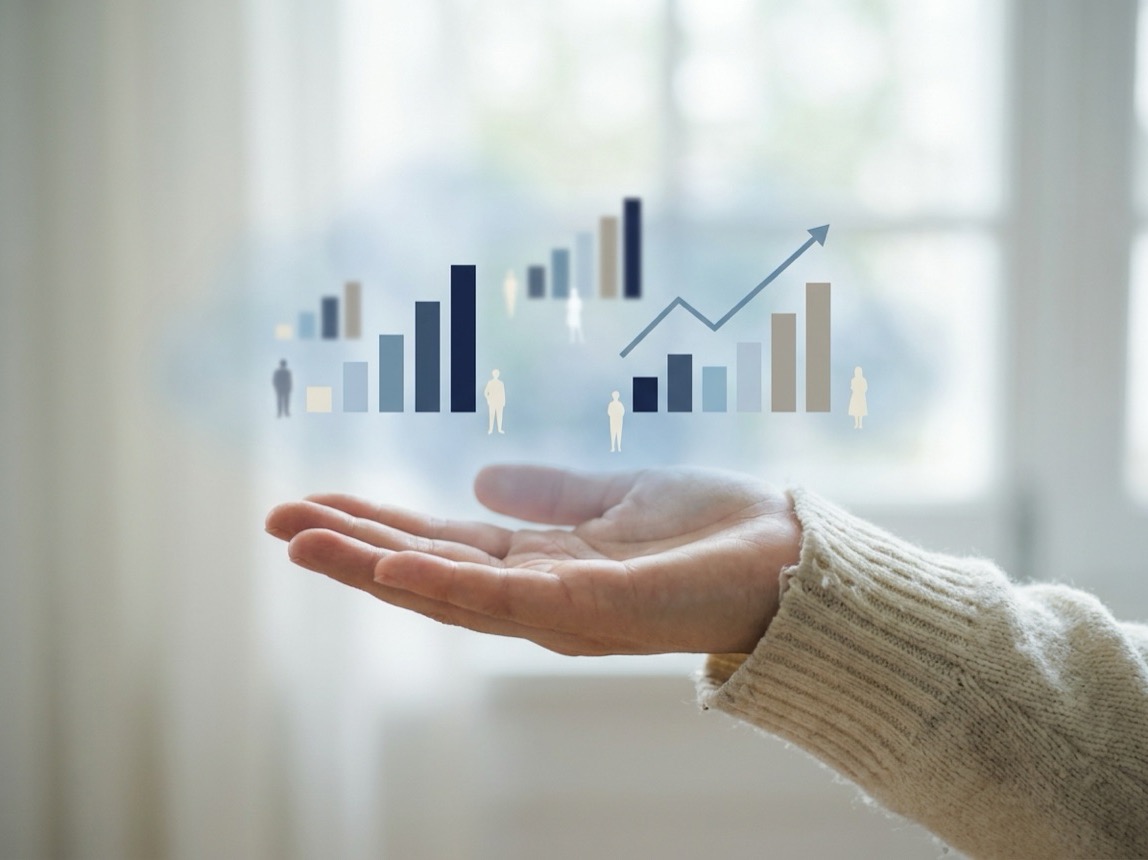 An abstract data visualisation of rising charts and figures, overlaid on an outstretched hand