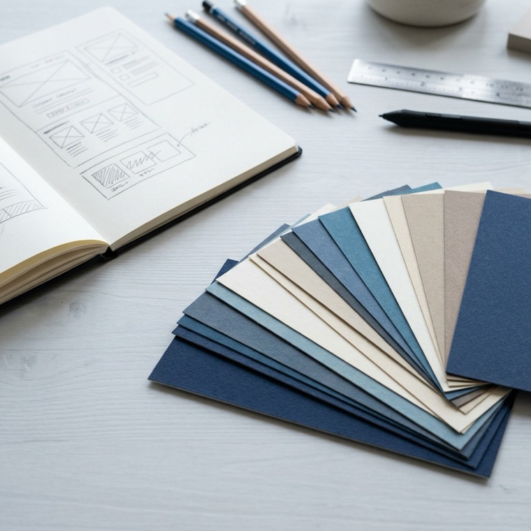 A designer's desk: an open sketchbook of interface wireframes, a fan of colour swatches, pencils and a steel ruler